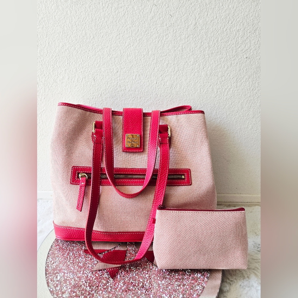 Dooney & Bourke Pink Canvas Tote with Hot Pink Leather Trim and Pouch